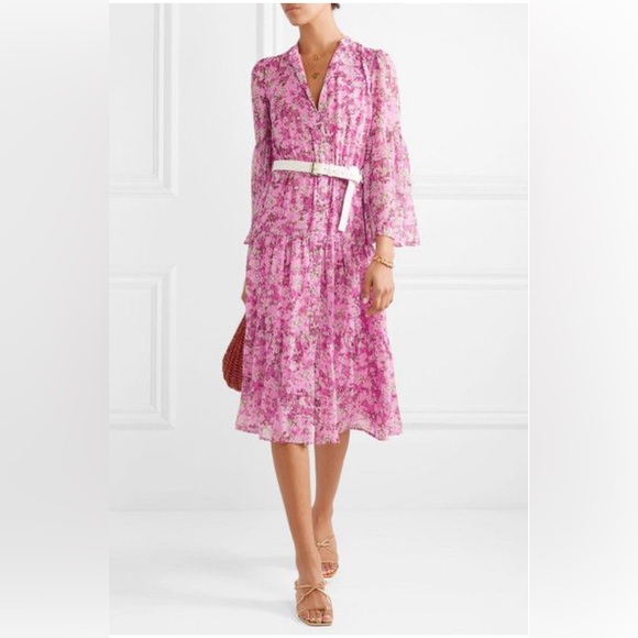 Michael Kors Dresses & Skirts - Michael Kors Pink Belted Chiffon Tiered Floral-print Chiffon Maxi Shirt Dress Si